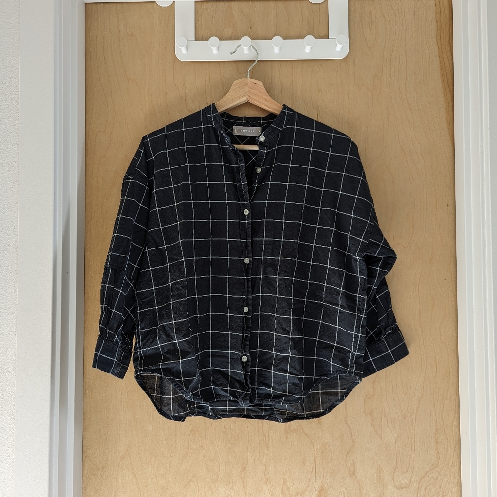 Everlane Windowpane 3/4 Sleeve Collarless Button Down